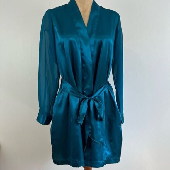 Vintage Y2K La Vie En Rose Women’s S/M Blue Satin Belted Nightwear Robe Sleepwea - Picture 1 of 15